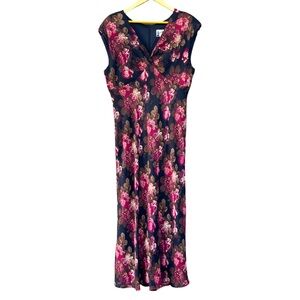 Sheri Martin Women's 18 Black Red Floral Chiffon Cap Sleeve Lined Midi Dress